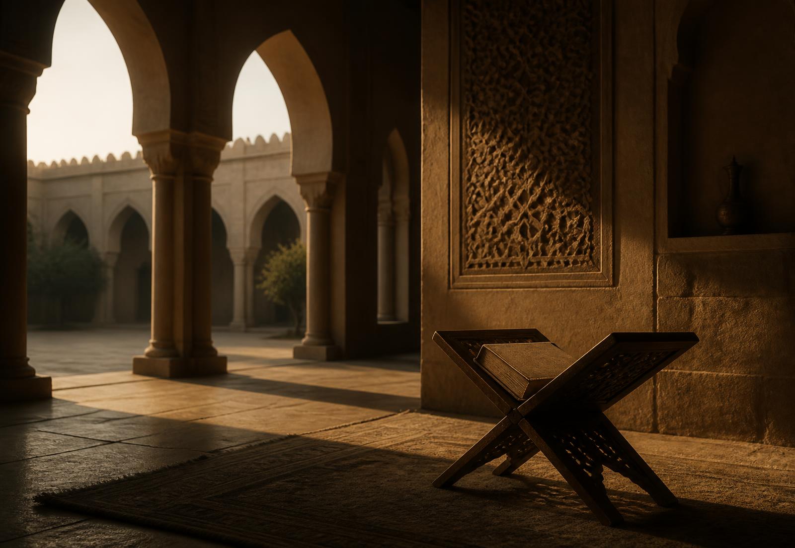 Arched courtyard of a Qur'anic study hall at first light