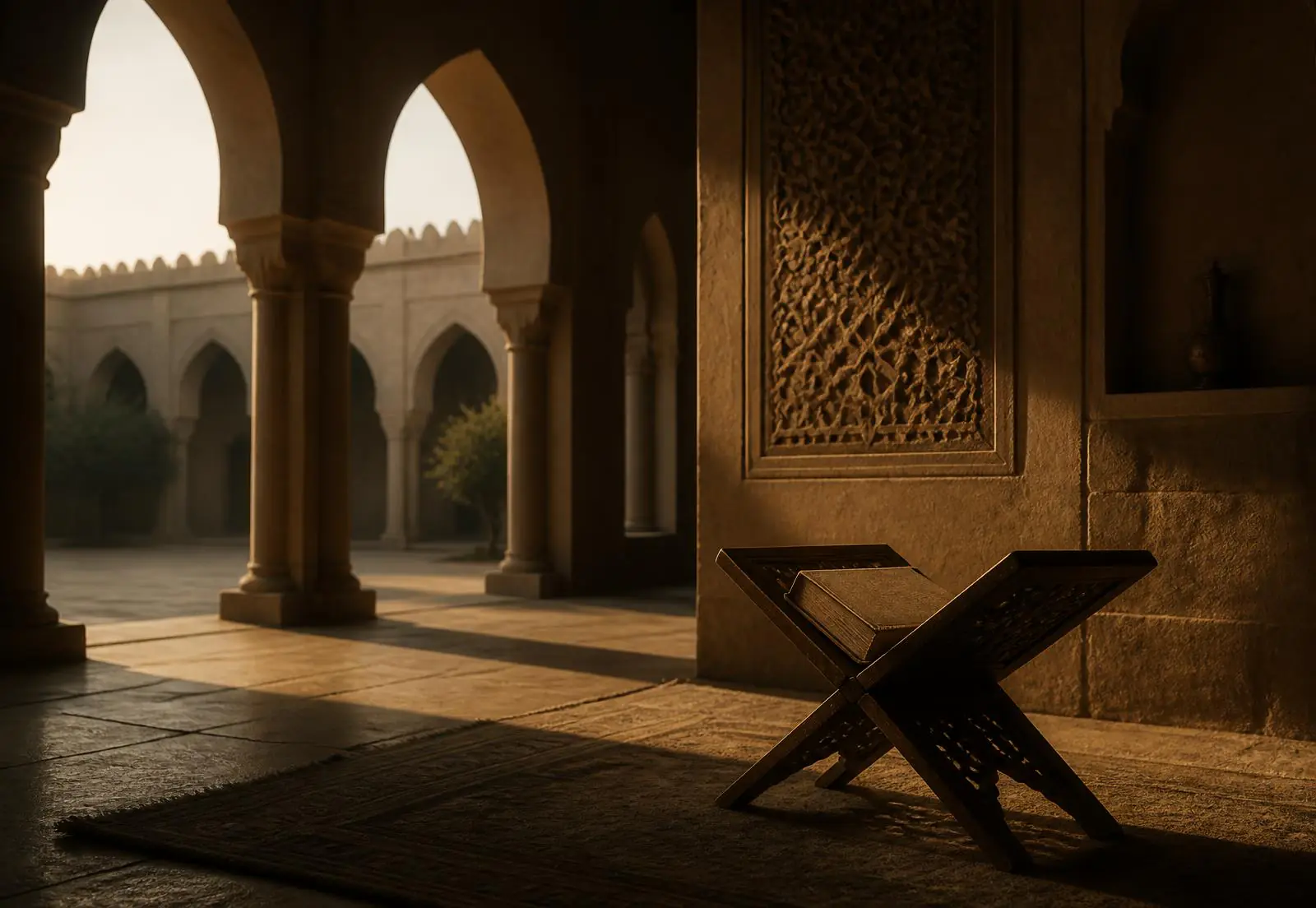 Arched courtyard of a Qur'anic study hall at first light